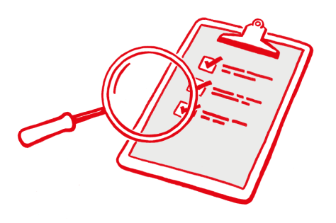 Checkliste mit einer Lupe, illustriert